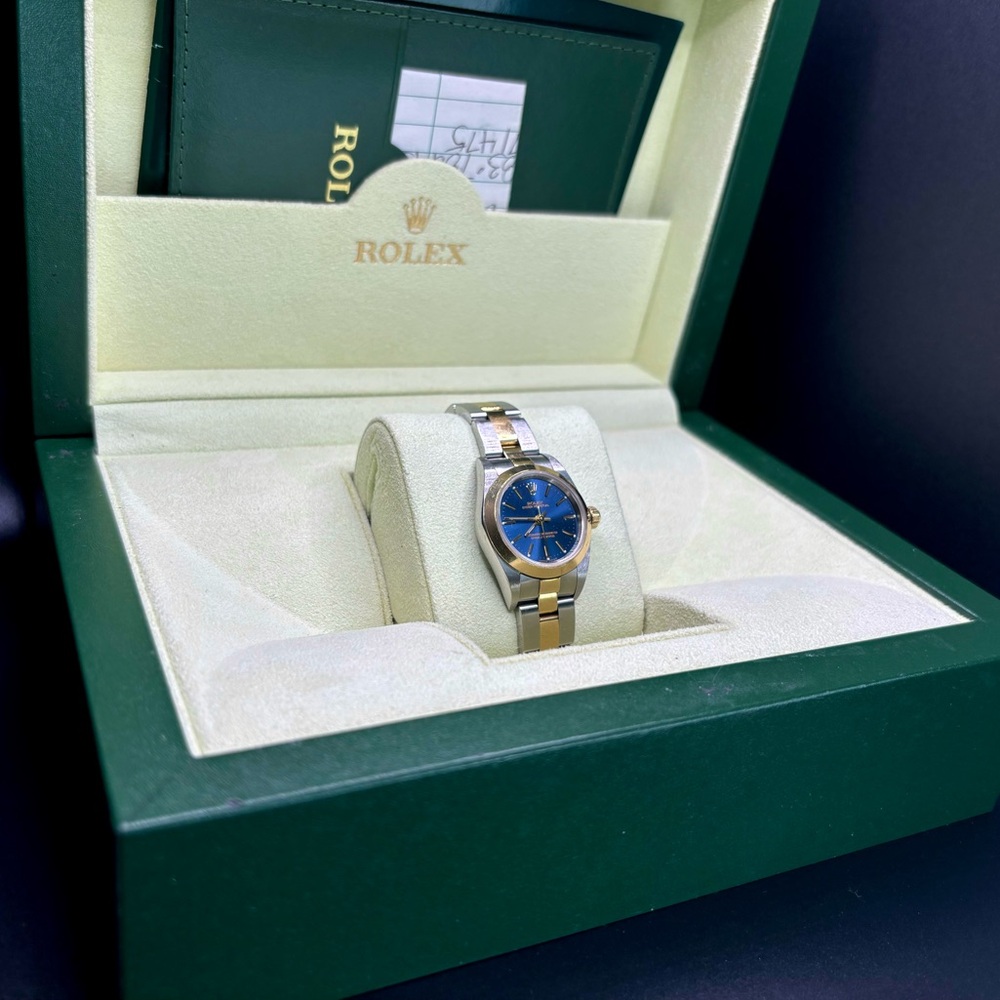 Ladies Rolex Oyster Perpetual Stainless Steel & 18k Yellow Gold Blue Dial